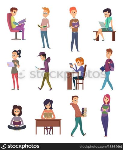 Reading characters. People knowledge student with books learn in library study school vector illustrations. Student character with books, people reading literature. Reading characters. People knowledge student with books learn in library study school vector illustrations