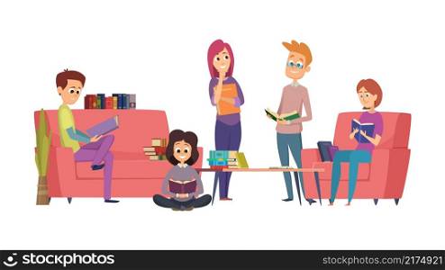Reading club. Book readers, students or library visitors. Teenagers with books vector illustration. Reader female student, education in library. Reading club. Book readers, students or library visitors. Teenagers with books vector illustration