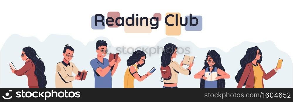 Reading club poster. Cartoon men and women holding open books, readers enjoying of stories. Cute horizontal banner with lettering. Modern people leisure pastime and education, vector flat illustration. Reading club poster. Men and women holding open books, readers enjoying of stories. Horizontal banner with lettering. Modern people leisure pastime and education, vector illustration