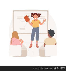 Reading comprehension isolated cartoon vector illustration. Student makes presentation of book in front of classmates, public speech, oral language, reading skill, comprehension vector cartoon.. Reading comprehension isolated cartoon vector illustration.