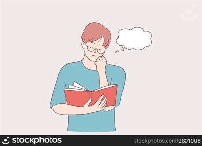 Reading, concentration, hobby concept. Portrait of young serous man cartoon character standing with book in hands and reading with many thoughts in head touching chin vector illustration . Reading, concentration, hobby concept