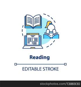 Reading concept icon. Personal improvement, self development idea thin line illustration. Literature hobby, education, knowledge base growth. Vector isolated outline RGB color drawing. Editable stroke. Reading concept icon