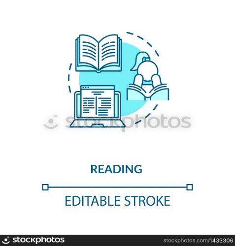 Reading concept icon. Personal improvement, self development idea thin line illustration. Literature hobby, education, intellectual hobby. Vector isolated outline RGB color drawing. Editable stroke. Reading concept icon