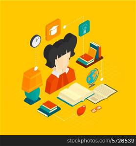 Reading concept isometric with 3d girl avatar and book and education decorative elements vector illustration