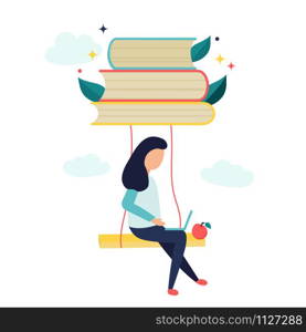 Reading concept with characters and books. Design for posters, banners. Education, studying process. Reading concept with characters and books.