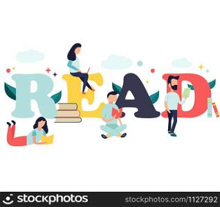Reading concept with characters and books. Design for posters, banners. Education, studying process. Reading concept with characters and books.