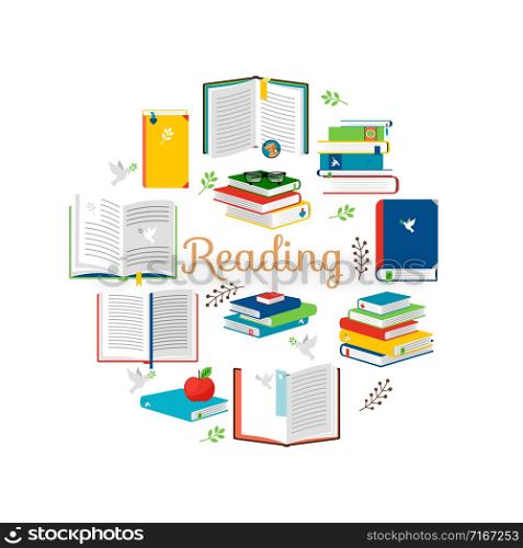 Reading concept with isometric style books vector icons. Illustration of encyclopedia and literature for read. Reading concept with isometric style books vector icons