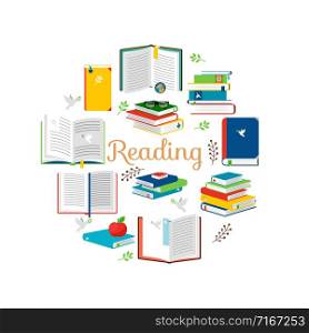 Reading concept with isometric style books vector icons. Illustration of encyclopedia and literature for read. Reading concept with isometric style books vector icons