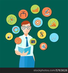 Reading concept with standing male figure and business and education icons vector illustration. Reading Concept With Male