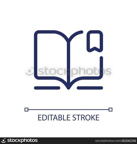 Reading e book pixel perfect linear ui icon. Digital library. Ebook reader. Educational app. GUI, UX design. Outline isolated user interface element for app and web. Editable stroke. Arial font used. Reading e book pixel perfect linear ui icon