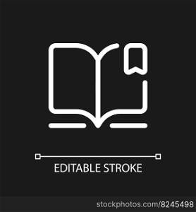 Reading e book pixel perfect white linear ui icon for dark theme. Digital library. Education. Vector line pictogram. Isolated user interface symbol for night mode. Editable stroke. Arial font used. Reading e book pixel perfect white linear ui icon for dark theme