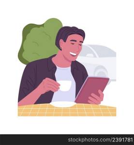 Reading e-books isolated cartoon vector illustrations. Smiling boy reading e-books and drinking coffee, online degree, distance learning advantages, virtual education vector cartoon.. Reading e-books isolated cartoon vector illustrations.