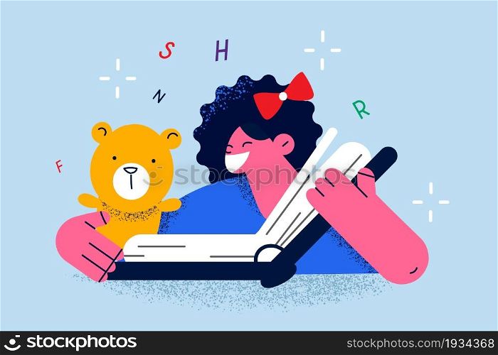 Reading, Education and learning concept. Smiling school girl cartoon character sitting reading book with interest feeling interested vector illustration . Reading, Education and learning concept