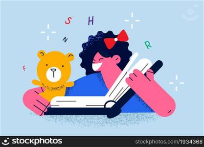 Reading, Education and learning concept. Smiling school girl cartoon character sitting reading book with interest feeling interested vector illustration . Reading, Education and learning concept
