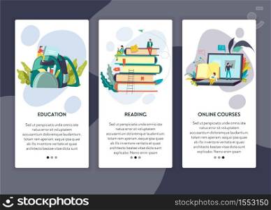 Reading education and online courses web page templates vector books pile backpack and laptop distant learning and studying degree receiving knowledge school subjects textbook Internet site mockup. Education reading and online courses web page template