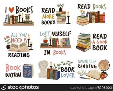 Reading emblems. Books with cute phrases, library labels, cozy quotes, hand drawn retro shelves literature, poems and short stories, poetry and textbook, tidy vector cartoon flat style isolated set. Reading emblems. Books with cute phrases, library labels, cozy quotes, hand drawn retro shelves literature, poems and short stories, poetry and textbook, tidy vector cartoon flat style set