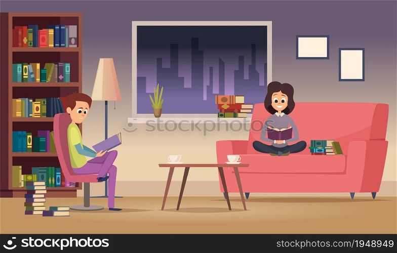 Reading family. Woman man read books in living room. Happy students study at night. Test preparation vector illustration. man, Woman and man reading and relax. Reading family. Woman man read books in living room. Happy students study at night. Test preparation vector illustration