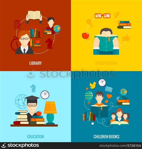 Reading flat icons set with library good education children books isolated vector illustration