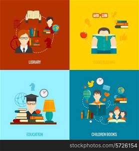 Reading flat icons set with library good education children books isolated vector illustration