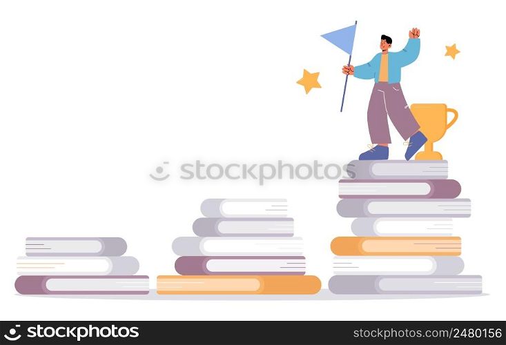 Reading for achieve goals, education success concept. Vector flat illustration of man with flag and award standing on top books stack. Staircase of books leading to win. Reading for achieve goals, education success