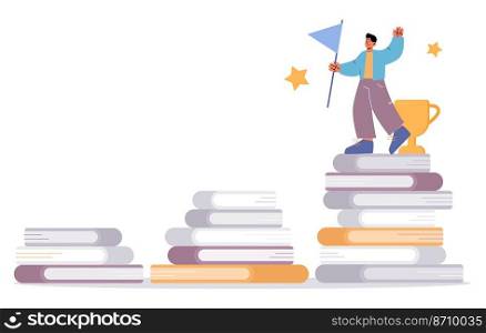 Reading for achieve goals, education success concept. Vector flat illustration of man with flag and award standing on top books stack. Staircase of books leading to win. Reading for achieve goals, education success
