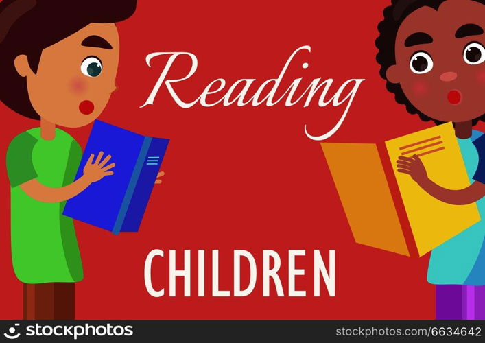 Reading for children poster with young boys in T-shirts who read books with high interest on red background vector illustration.. Reading For Children Poster with Boys Illustration