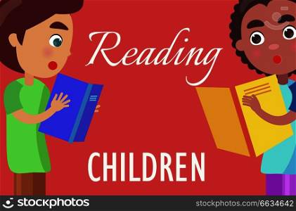 Reading for children poster with young boys in T-shirts who read books with high interest on red background vector illustration.. Reading For Children Poster with Boys Illustration