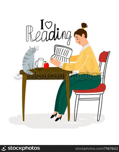 Reading girl. Beauty casual student woman girls love to read books with cute funny haughty cat vector illustration. Reading girl icon