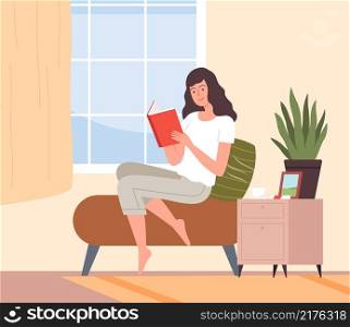 Reading girl. Young woman read book in room, morning education or relax. Summer time, vacation or week end vector illustration. Read and education, reading literature. Reading girl. Young woman read book in room, morning education or relax. Summer time, vacation or week end vector illustration