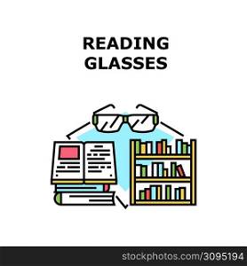 Reading Glasses Vector Icon Concept. Reading Glasses Accessory For Enjoying Interesting Book In Library. Vision Optic Eyewear Tool For Resting Education Literature Color Illustration. Reading Glasses Vector Concept Color Illustration