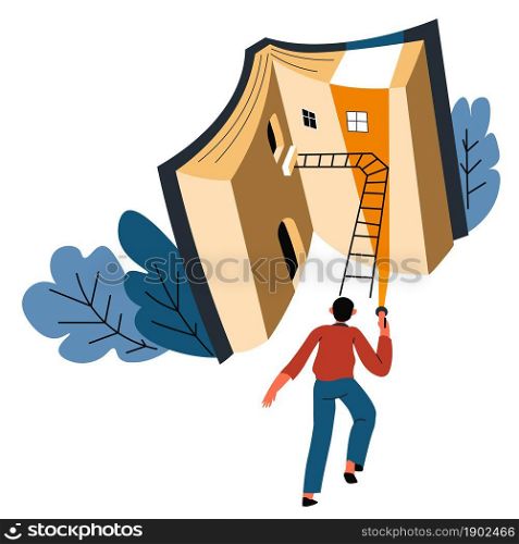 Reading hobby and leisure, opening new worlds and information from publications. Man stepping on ladder leading to inner plat. Literature and development on imagination. Vector in flat style. Exploring unknown worlds while reading book vector