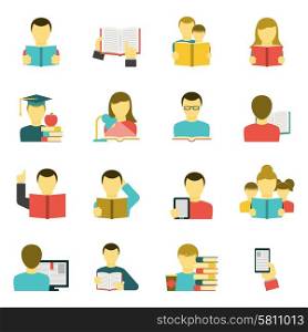 Reading Icons Set . Reading books icons set with lamp coffee and glasses flat isolated vector illustration