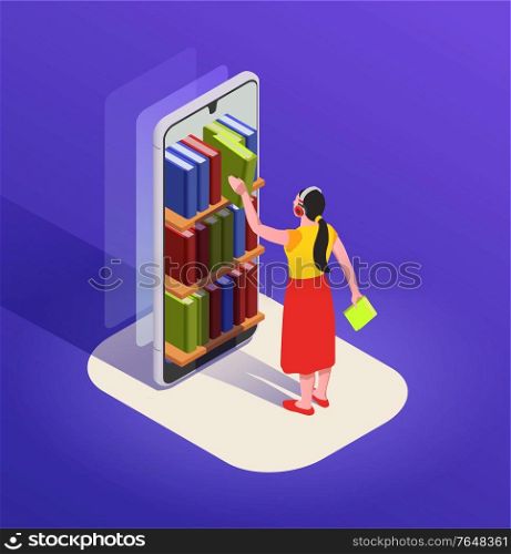 Reading isometric composition with character of woman in headphones choosing book from case in smartphone screen vector illustration
