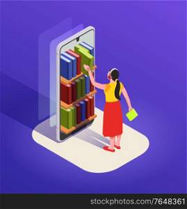 Reading isometric composition with character of woman in headphones choosing book from case in smartphone screen vector illustration