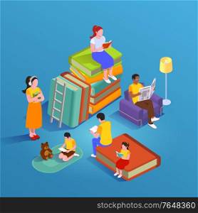 Reading isometric composition with small human characters of reading people and stacks of books with furniture vector illustration