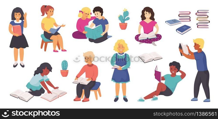 Reading kids. Happy cartoon children reading books and studying, funny boys and girls characters holding books and learning. Vector illustration isolated set homework kids. Reading kids. Happy cartoon children reading books and studying, funny boys and girls characters holding books and learning. Vector isolated set