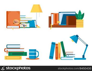Reading literature, flat book stacks and piles for study. Table with textbooks and lamp, glasses or cup. Shelf book for education. Academic books for school, college or university vector set. Reading literature, flat book stacks and piles for study. Table with textbooks and lamp, glasses or cup. Shelf book for education