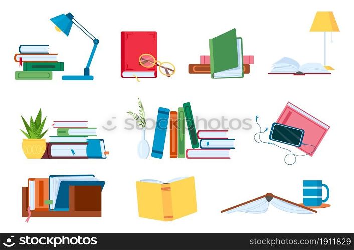 Reading literature, flat book stacks and piles for study. Open and closed books with lamp. Bookstore, school or audiobook vector concept set. Academic textbooks for university or college. Reading literature, flat book stacks and piles for study. Open and closed books with lamp. Bookstore, school or audiobook vector concept set