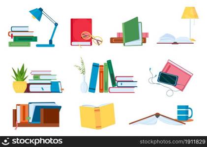 Reading literature, flat book stacks and piles for study. Open and closed books with lamp. Bookstore, school or audiobook vector concept set. Academic textbooks for university or college. Reading literature, flat book stacks and piles for study. Open and closed books with lamp. Bookstore, school or audiobook vector concept set