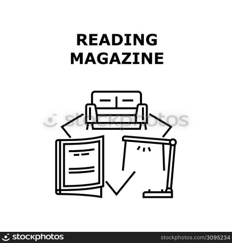 Reading Magazine Vector Icon Concept. Reading Magazine Interesting Article Or Review And Sitting On Couch Furniture And Using Light Lamp. Sofa For Comfortable Read Journal Black Illustration. Reading Magazine Vector Concept Black Illustration