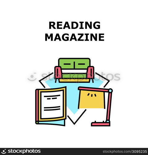 Reading Magazine Vector Icon Concept. Reading Magazine Interesting Article Or Review And Sitting On Couch Furniture And Using Light Lamp. Sofa For Comfortable Read Journal Color Illustration. Reading Magazine Vector Concept Color Illustration