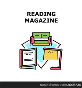 Reading Magazine Vector Icon Concept. Reading Magazine Interesting Article Or Review And Sitting On Couch Furniture And Using Light Lamp. Sofa For Comfortable Read Journal Color Illustration. Reading Magazine Vector Concept Color Illustration
