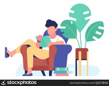 Reading man sitting in armchair with book stacks around. Vector illustration. Reading man sitting in armchair with book stacks around