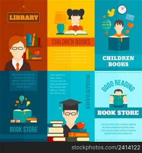 Reading mini poster flat set with library children books store isolated vector illustration