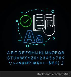 Reading neon light concept icon. Basic language skills idea. Literacy. Literature. Learning process. Education. Glowing sign with alphabet, numbers and symbols. Vector isolated illustration. Reading neon light concept icon