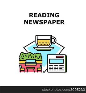 Reading Newspaper Vector Icon Concept. Reading Newspaper Business Article And Financial Daily News Press In Park Outdoor, Enjoying Morning Breakfast And Tea Drink Color Illustration. Reading Newspaper Vector Concept Illustration
