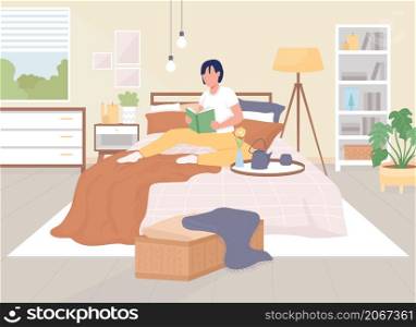 Reading on bed flat color vector illustration. Pastime at home. Hygge lifestyle. Recreation indoors. Woman sitting on bed with book 2D cartoon characters with interior on background. Reading on bed flat color vector illustration