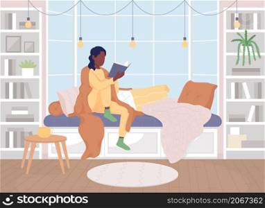 Reading on windowsill flat color vector illustration. Woman holding book and resting near window. Hygge lifestyle. Girl wrapped in warm plaid 2D cartoon characters with interior on background. Reading on windowsill flat color vector illustration