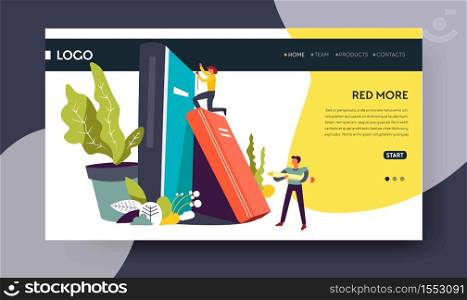 Reading online and library books storage landing web page template vector books volumes and readers indoor plant learning and education textbook or novel science and literature Internet site mockup. Library books storage reading online web page template