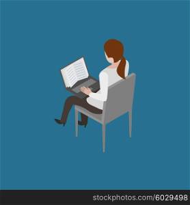 Reading online book. Girl sitting on chair and reading online book isometric vector illustration